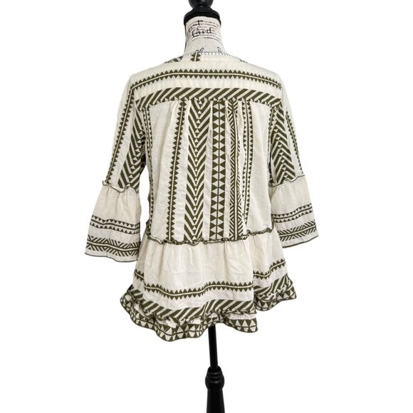 John Mark Womens Top Bohemian Geometric Tiered Tunic Cream & Olive Size M - Picture 3 of 8